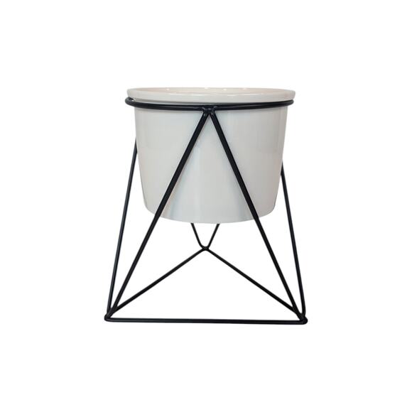 Triangular Black Wire Stand and White Ceramic Planter 4 in - Picture 1 of 9